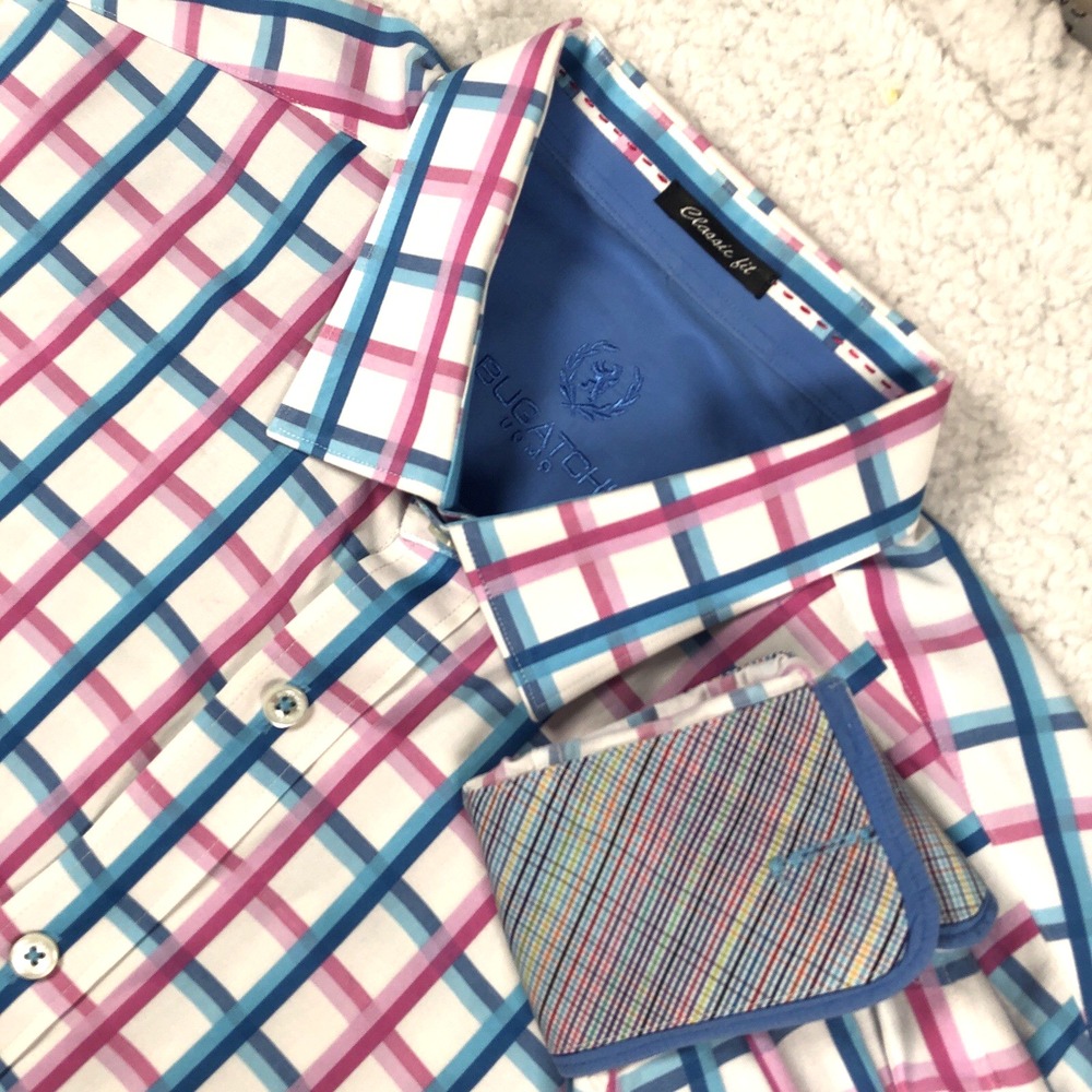 Bugatchi Uomo Button Shirt Mens L White Pink Blue Check Flip Cuff Long Sleeve
